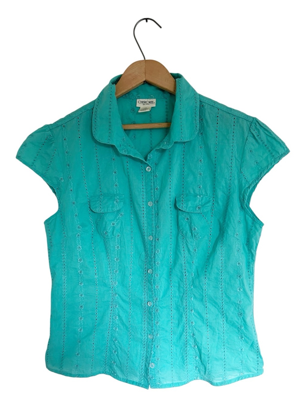 Vintage Cherokee Teal Eyelet Short-Sleeve ButtonDown Shirt Cotton Large Western